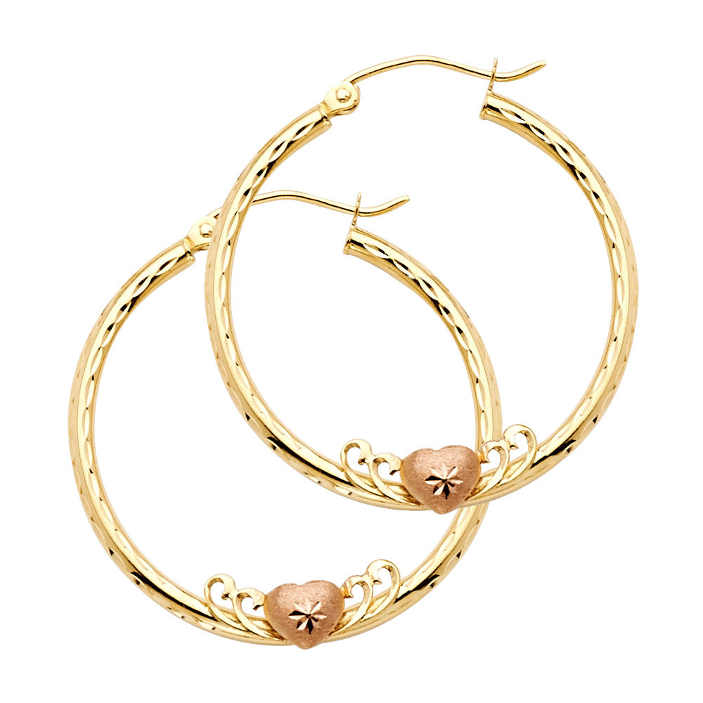 14k Yellow Gold Diamond-Cut Hoop Promise Heart Vintage Filigree Swirl Earrings