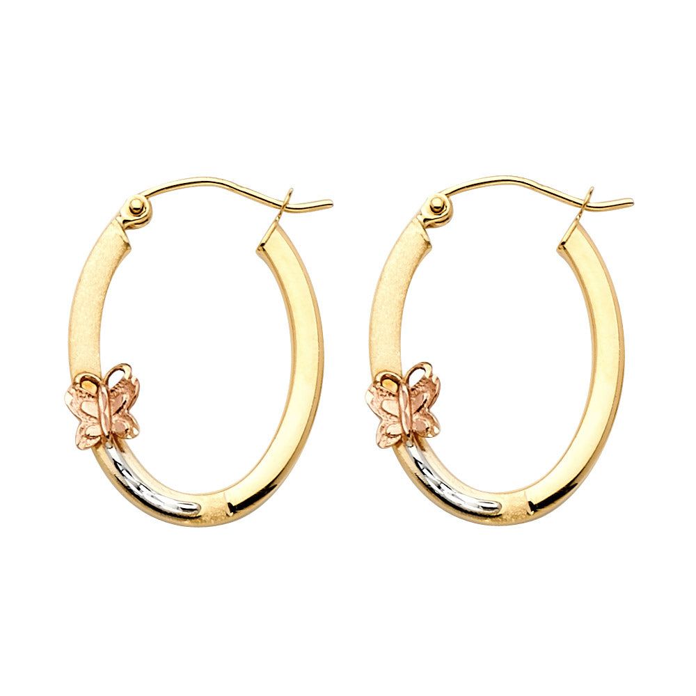 14k Tri-Color Gold Cute Butterfly Hoop Oval Hinge Clasp Nature Animal Earrings