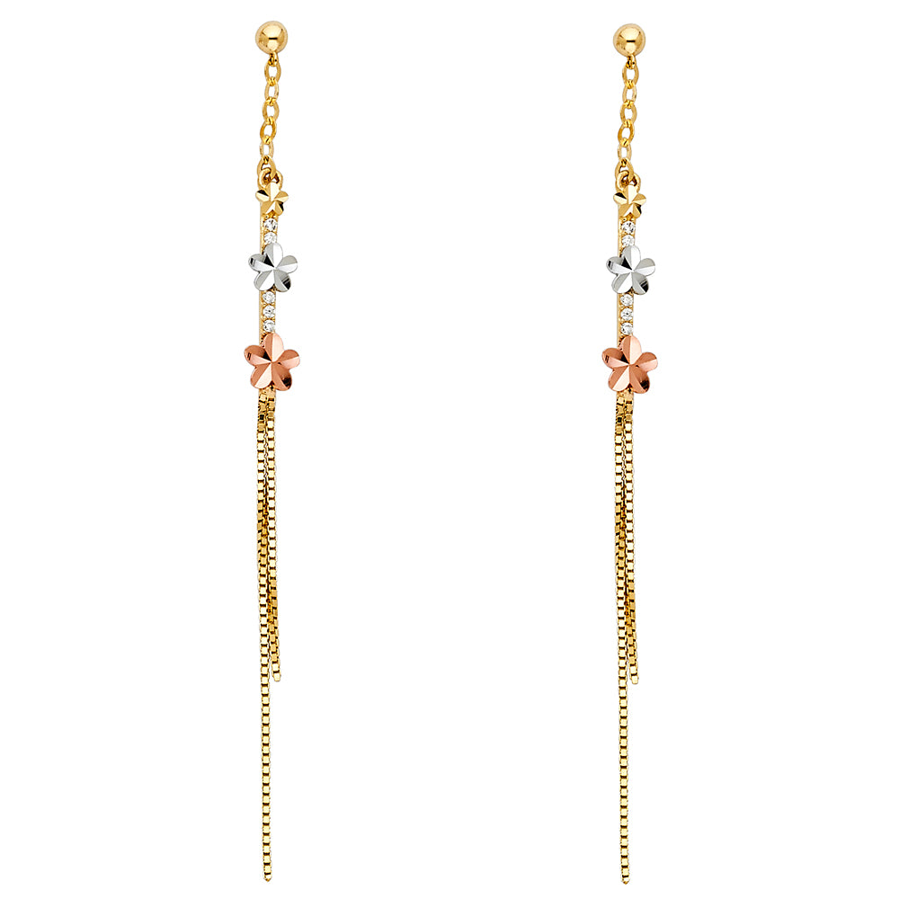 14k Yellow Gold Long Tassel Drop Dangle Plumeria Flower Earrings