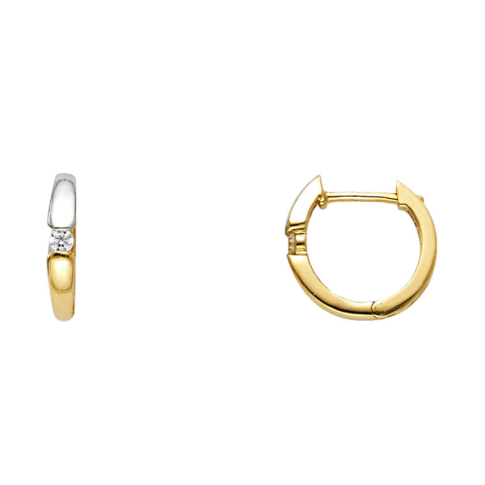 14k Two-Color Gold Studded Hoop Huggie Hoop Hinge Classic Earrings