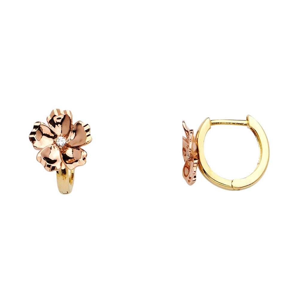 14k Two-Color Gold Simple Flower Huggie Hoop Classic Rose Earrings