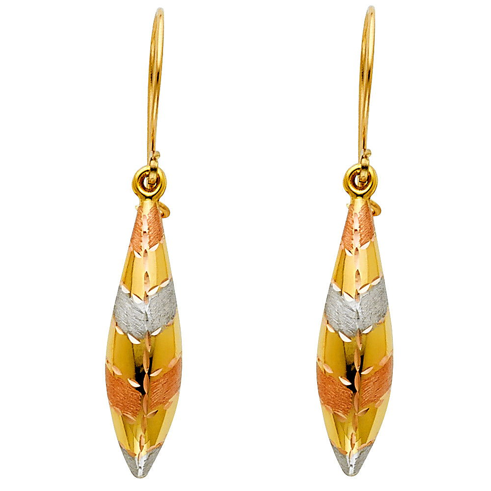 14k Tri-Color Gold Teardrop Hanging Dangling Chevron Earrings