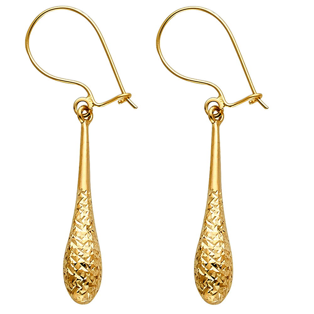 14k Yellow Gold Ornate Textured Teardrop Dangle Hanging Modern Polished Earrings