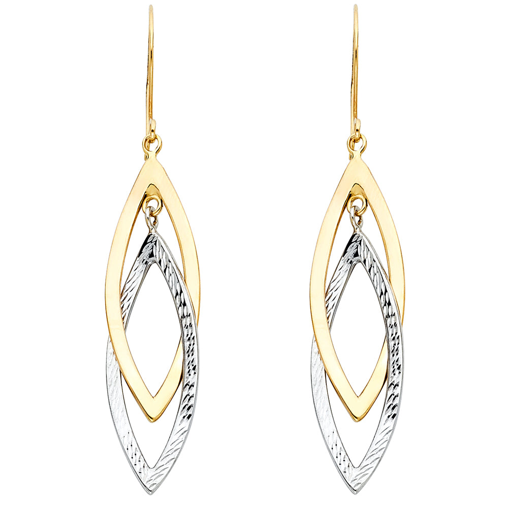 14k Two-Color Gold Interlocking Leaf Hanging Dangling Marquise Elegant Earrings