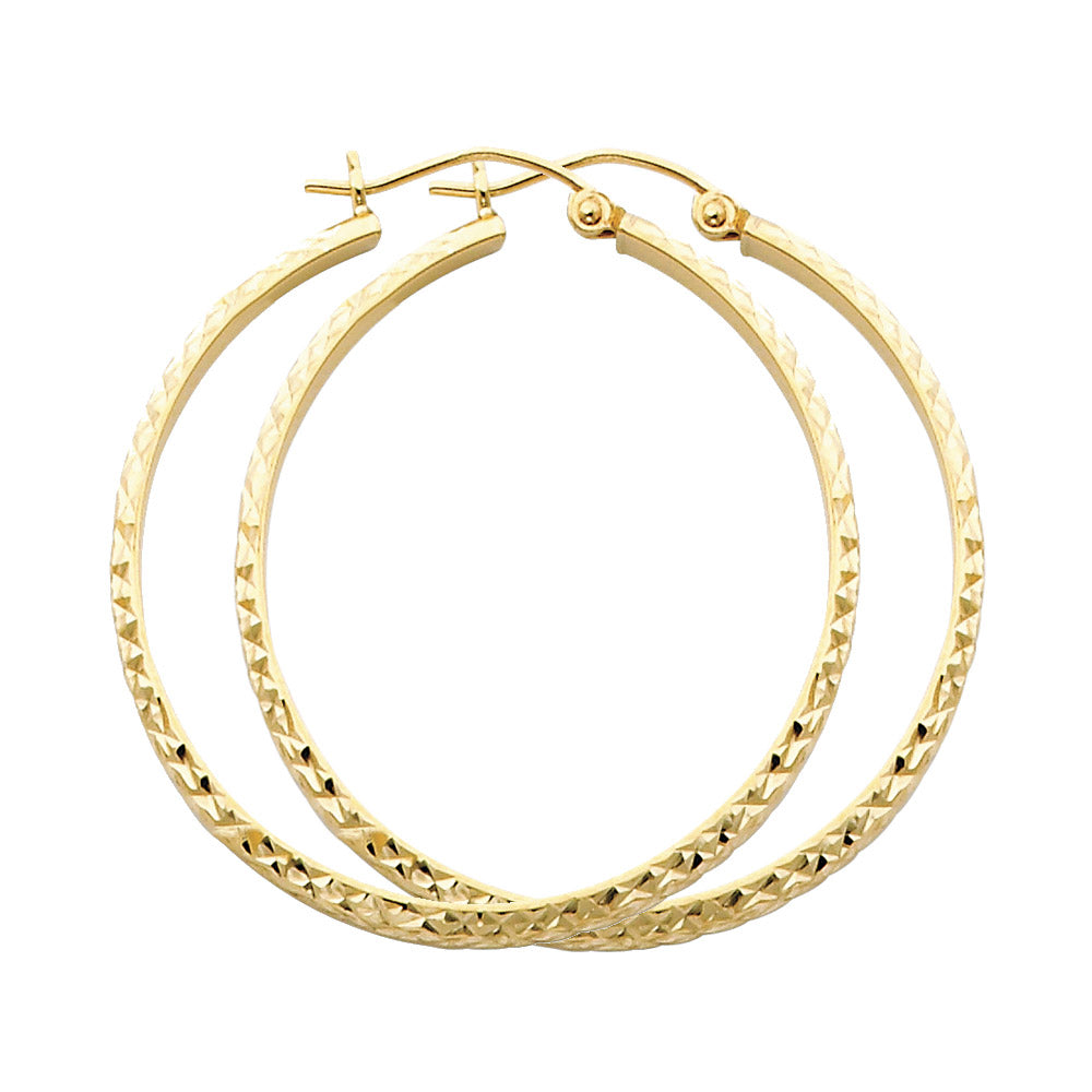 14k Yellow Gold Criss Cross Texture Hoop Hinge Clasp Simple Earrings