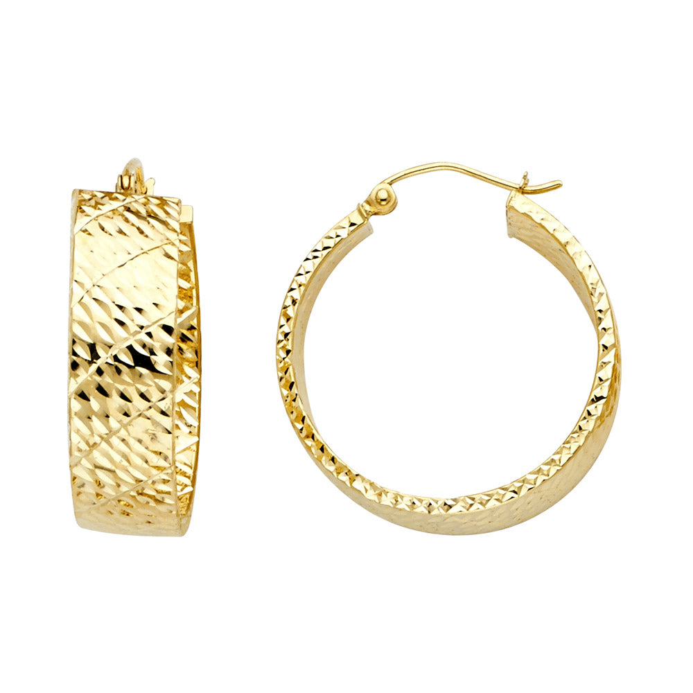 14k Yellow Gold Hammered Hoop Zig Zag Pattern Wide Earrings