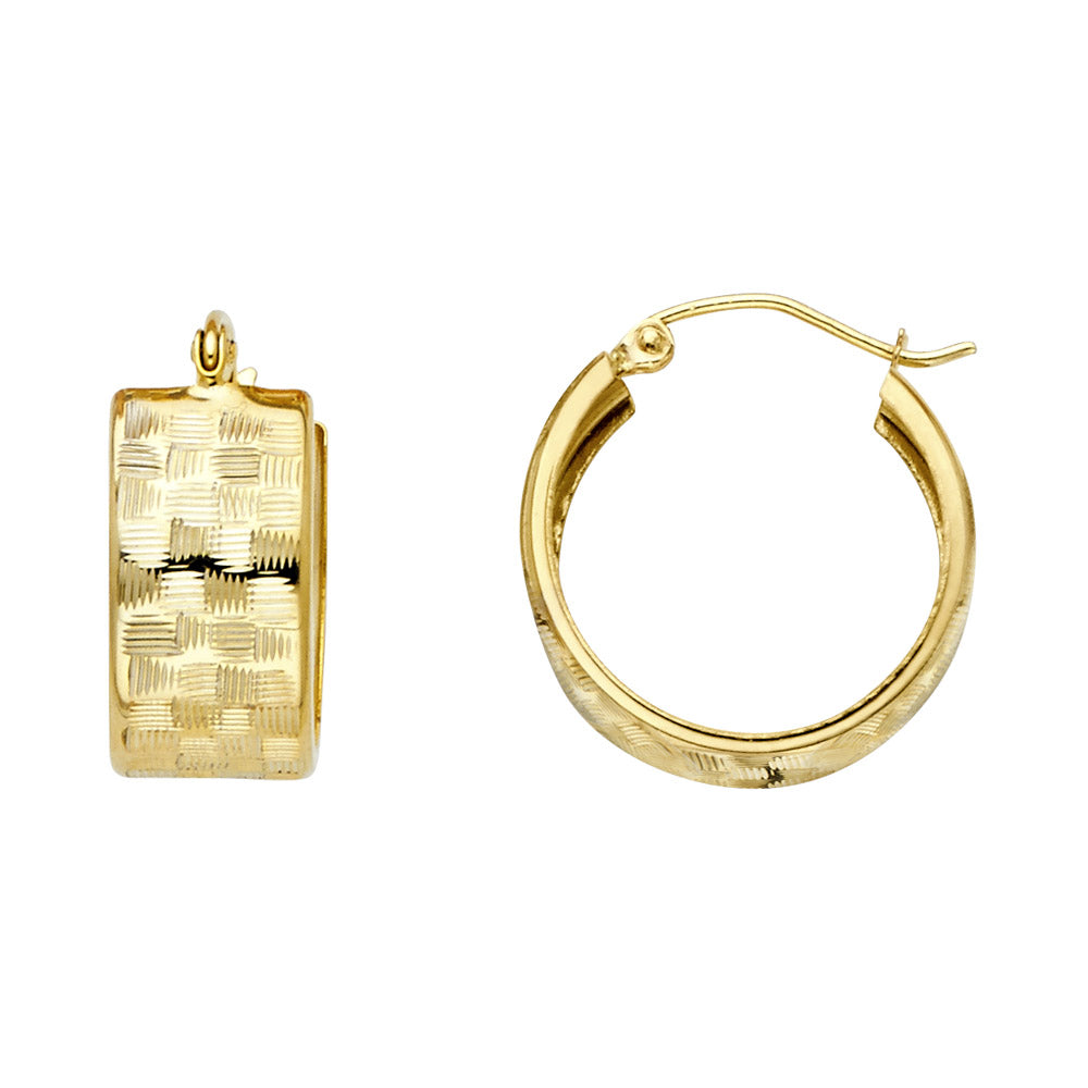 14k Yellow Gold Modern Cross Hatch Hoop Chunky Basket Weave Stamped Earrings