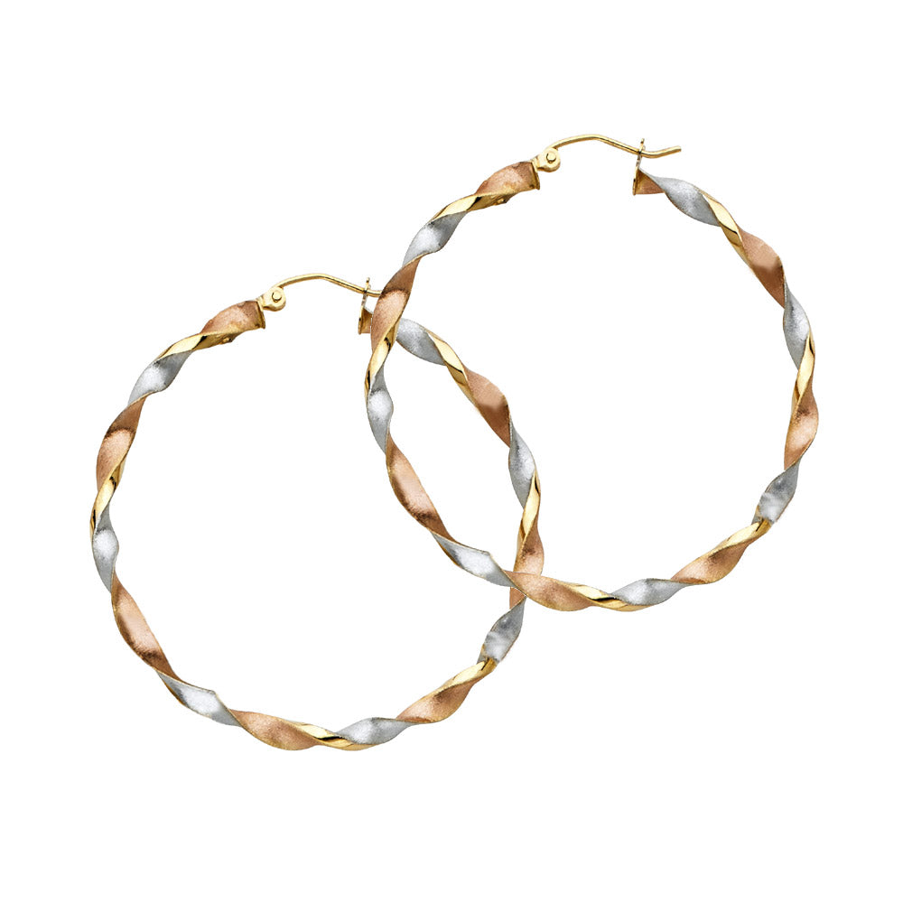 14k Tri-Color Gold Twist Hoop Elegant Spiral Filigree Swirl Earrings