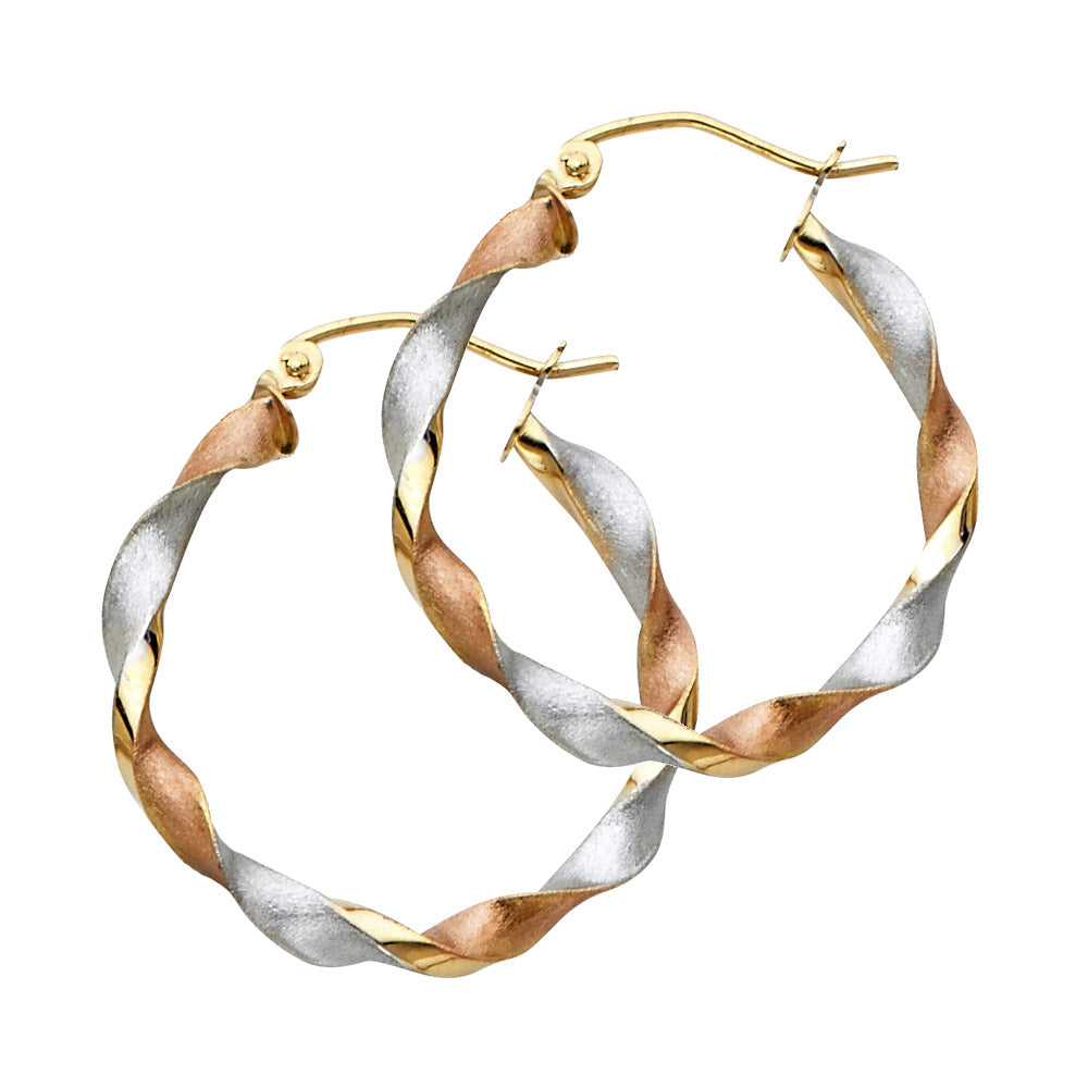 14k Tri-Color Gold Filigree Swirl Hoop Spiral Elegant Curl Earrings