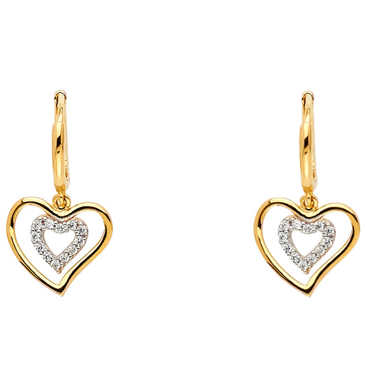 14k Yellow Gold Double Promise Heart Dangle Hanging Studded Clear CZ Earrings