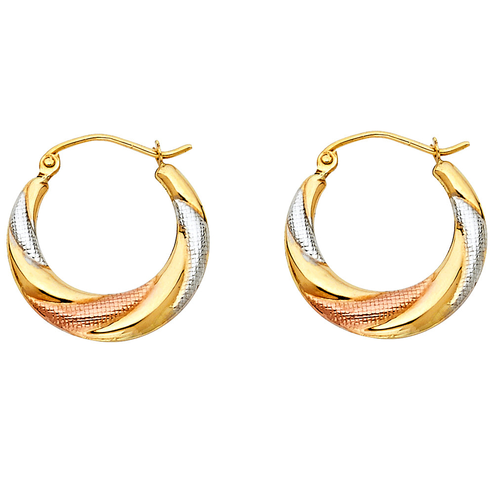 14k Tri-Color Gold Elegant Hoop Spiral Filigree Swirl Loop Circle Earrings