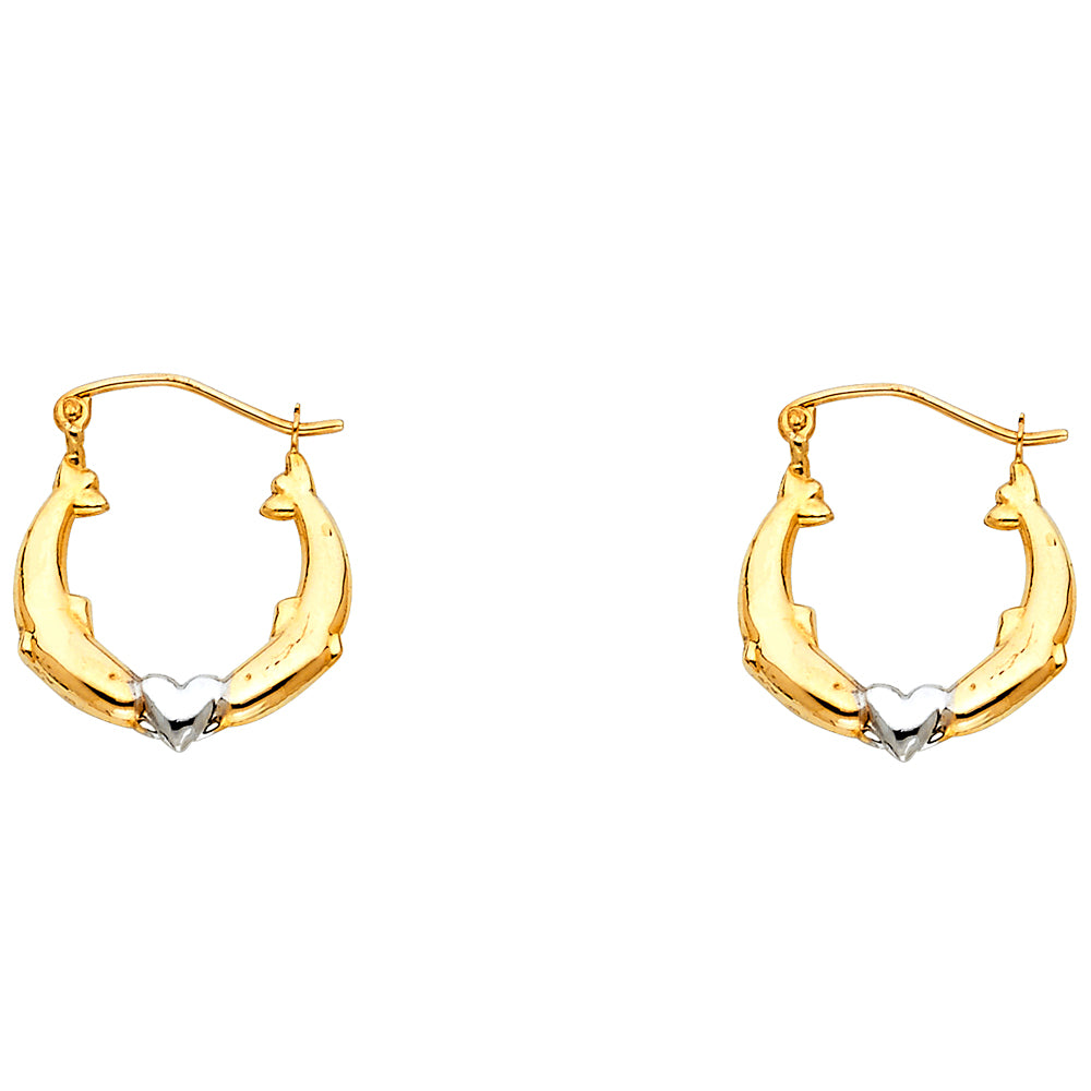 14k Two-Color Gold Kissing Dolphin Hoop Promise Heart Love Animal Earrings