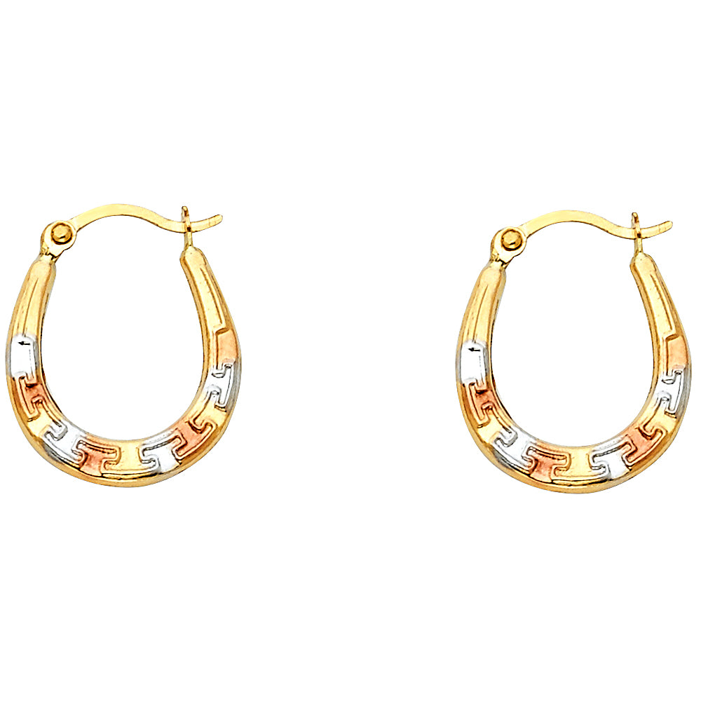 14k Tri-Color Gold Puzzle Hoop Hinge Clasp Horseshoe Greek Key Earrings