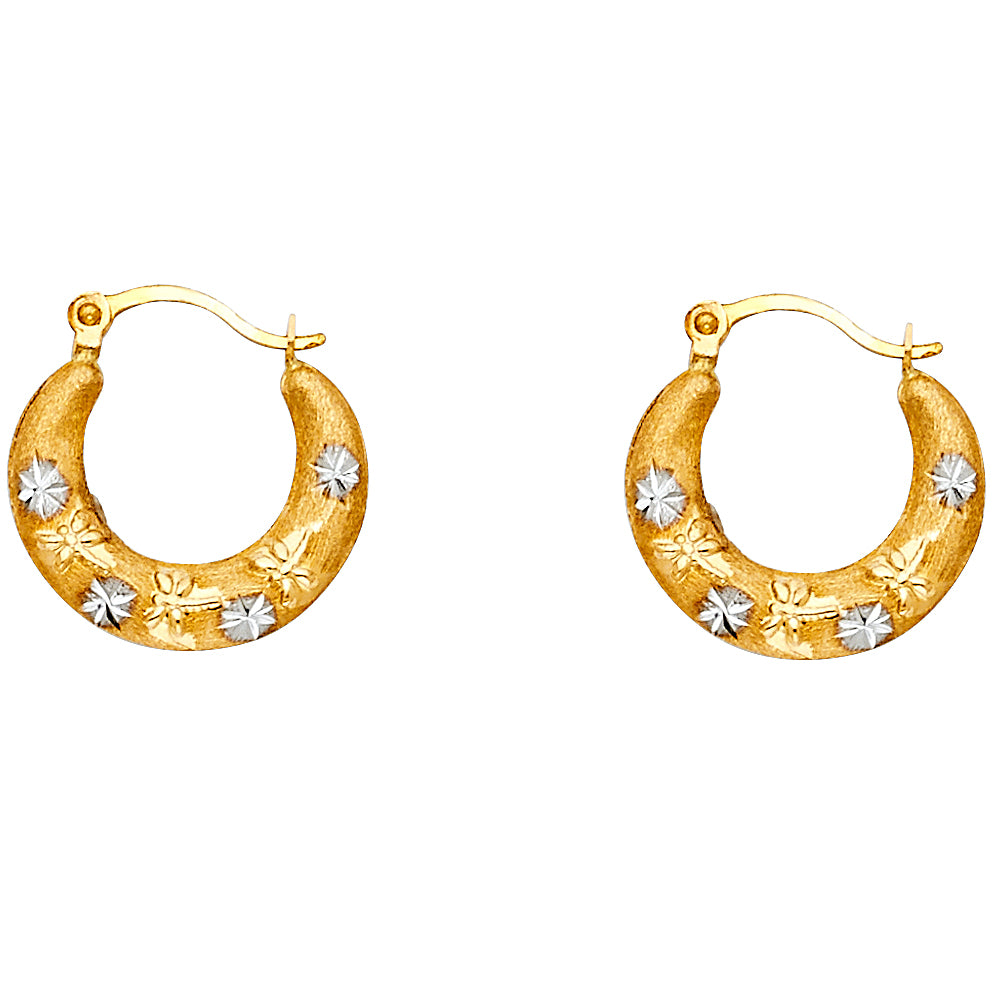 14k Two-Color Gold Star Studded Hoop Satin Finish Hinge Clasp Earrings