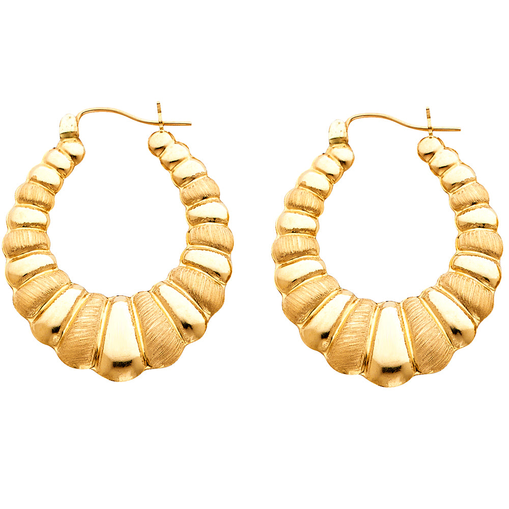 14k Yellow Gold Bold Seashell Hoop Oval Scalloped Hinge Clasp Bubble Earrings