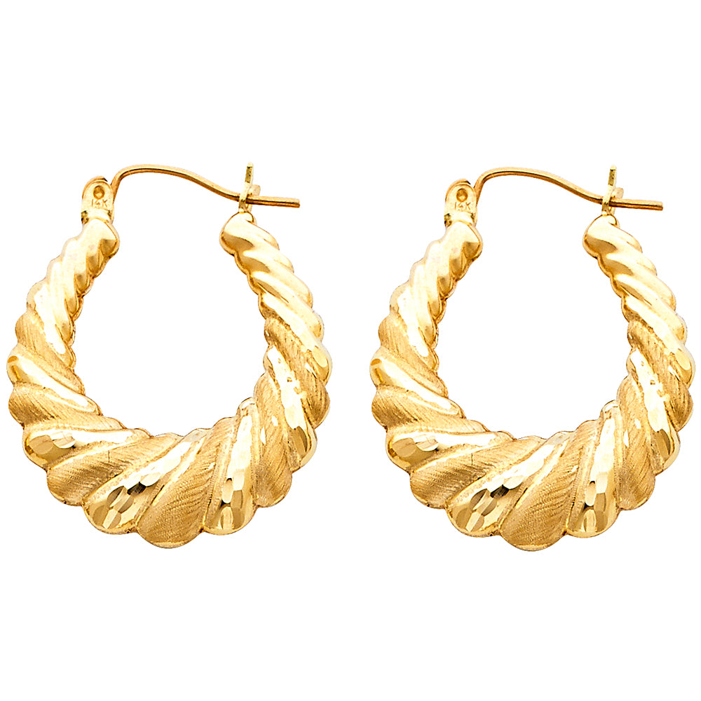 14k Yellow Gold Scalloped Rope Twist Hoop Hinge Clasp Modern Elegant Earrings