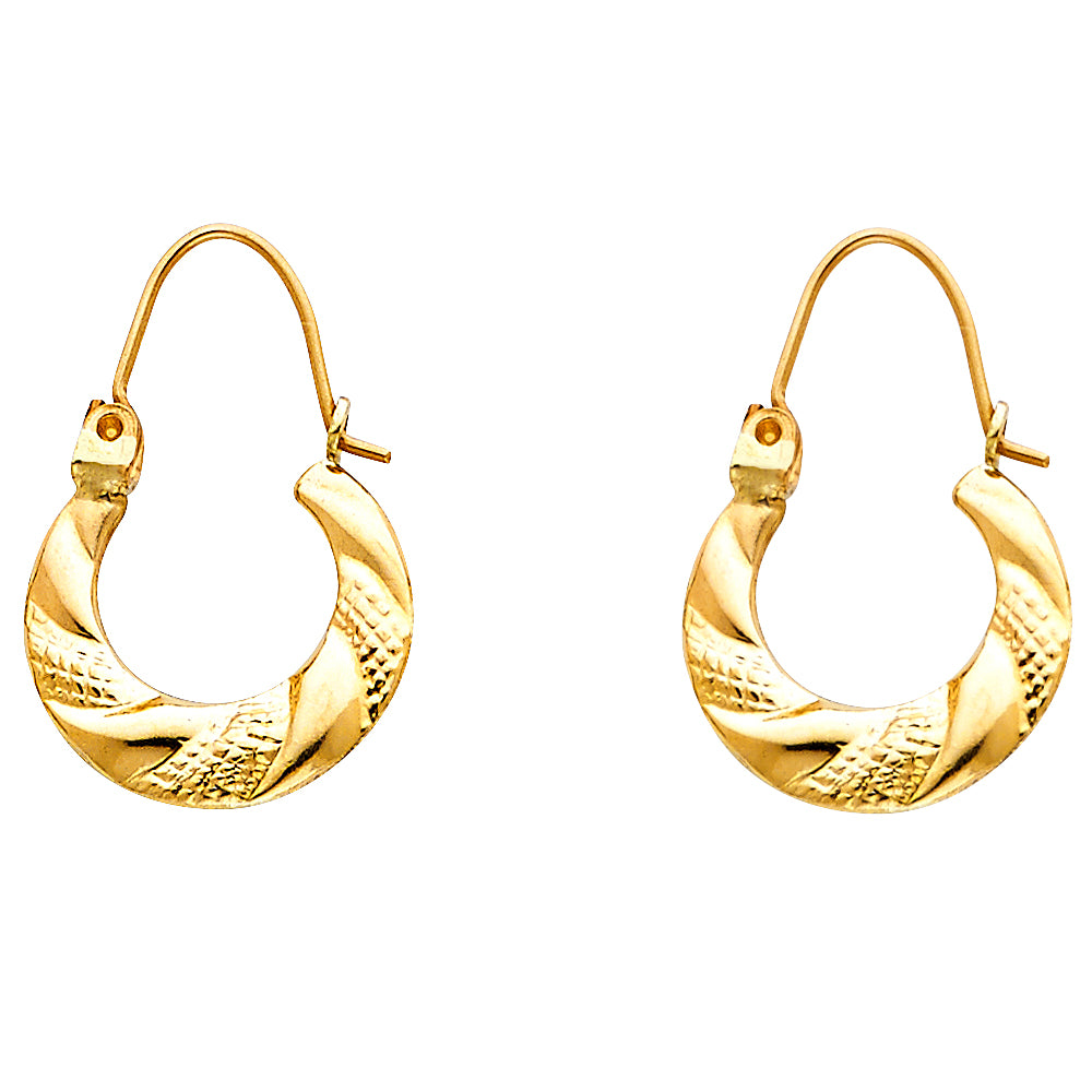 14k Yellow Gold Grooved Texture Hoop Spiral Elongated Hinge Clasp Earrings