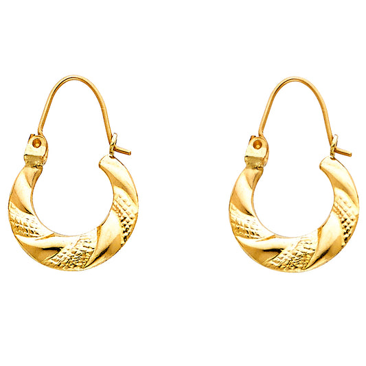 14k Yellow Gold Grooved Texture Hoop Spiral Elongated Hinge Clasp Earrings