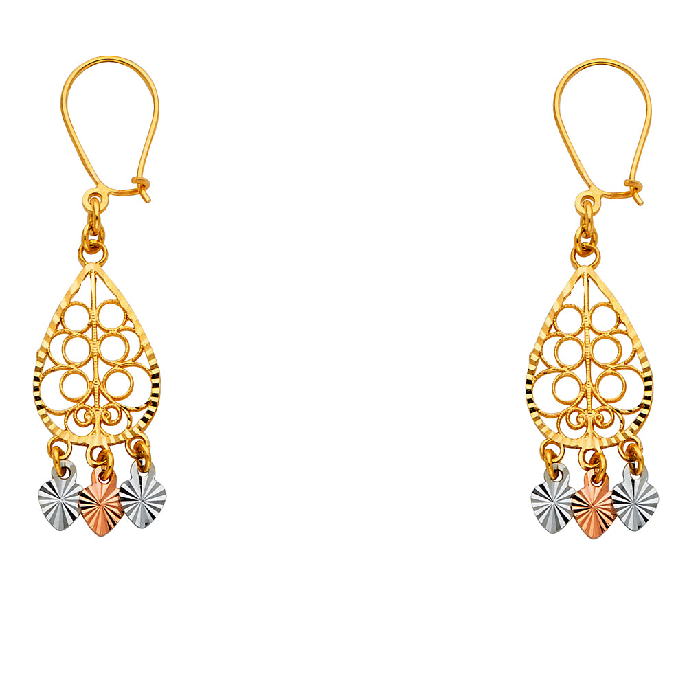 14k Tri-Color Gold Ornate Teardrop Chandelier Hanging Dangling Earrings