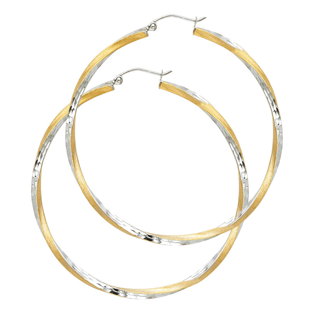 14k Two-Color Gold Simple Twist Hoop Hinge Clasp Circle Round Earrings