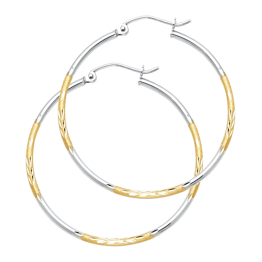 14k Two-Color Gold Hinge Clasp Hoop Circle Round High Polish Stripe Earrings