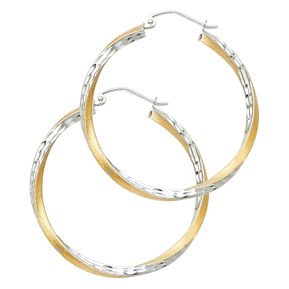 14k Two-Color Gold Simple Twist Hoop Hinge Clasp Diamond-Cut Loop Earrings