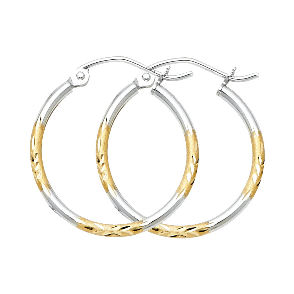 14k Two-Color Gold High Polish Hoop Leaf Diamond-Cut Earrings