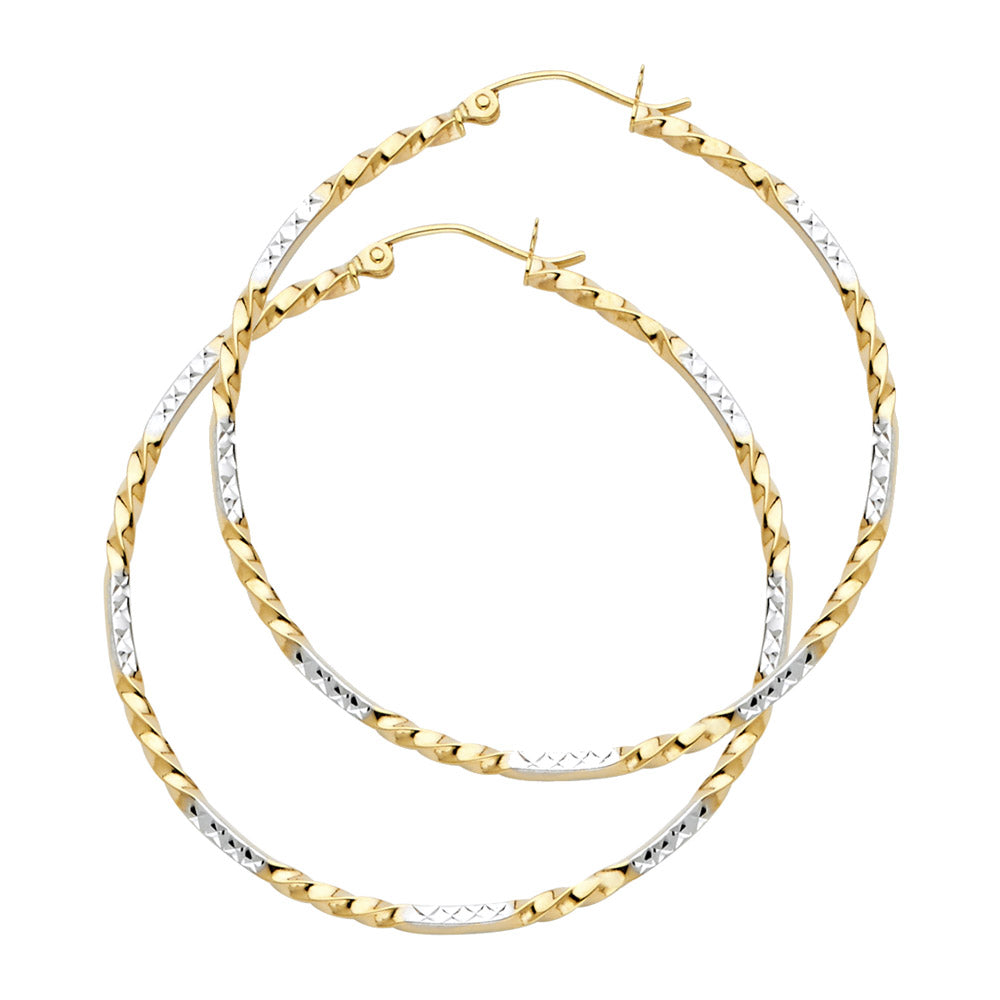 14k Two-Color Gold Elegant Hoop Spiral Twist Zig Zag Pattern Circle Earrings