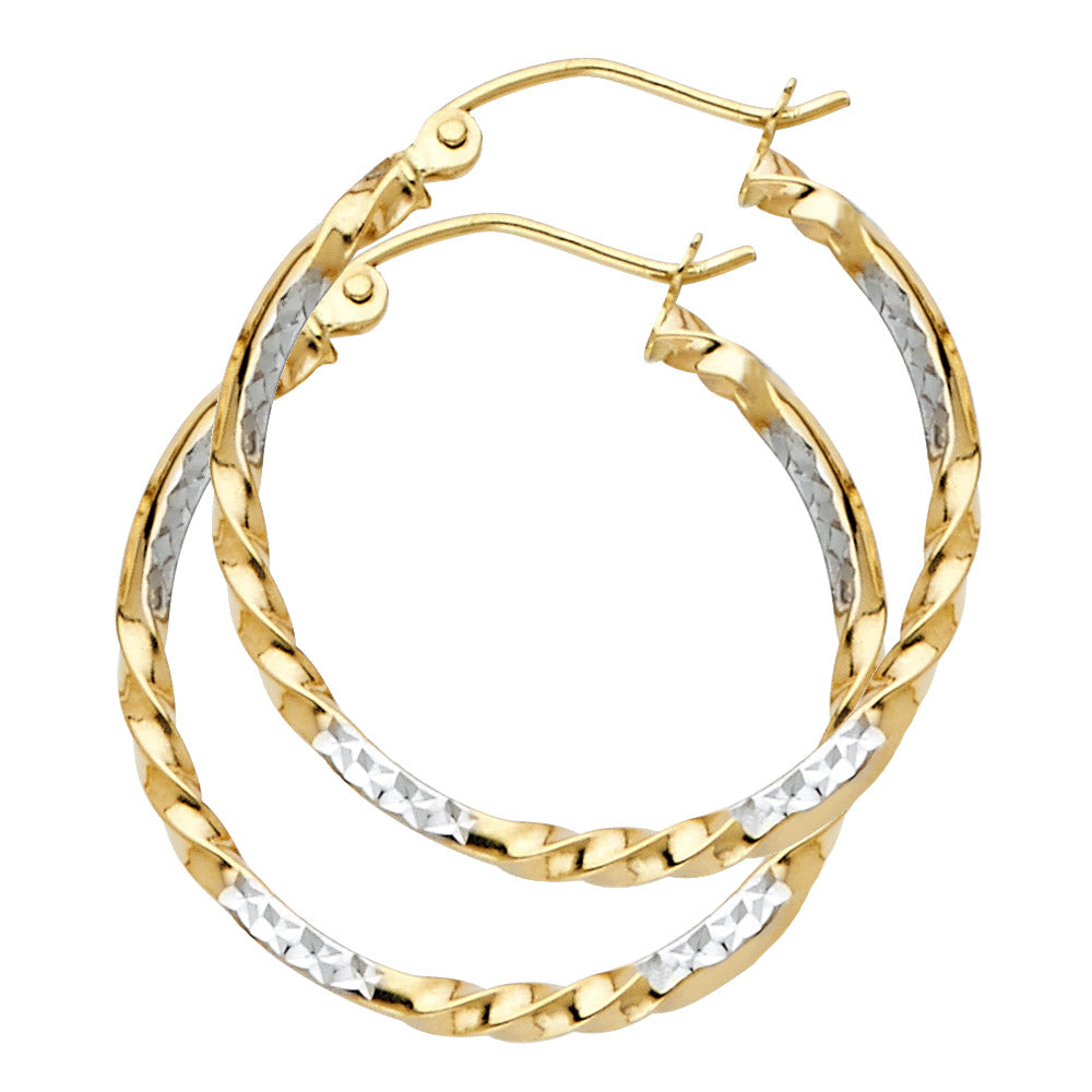 14k Two-Color Gold Elegant Hoop Twist Hammered Pattern Ornate Earrings