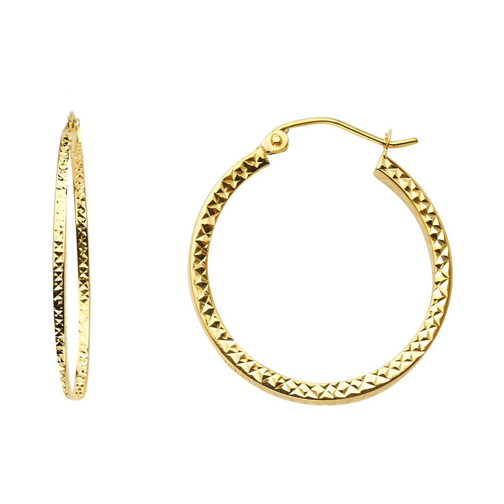 14k Yellow Gold Quilted Hoop Zig Zag Geometric Circle Round Earrings