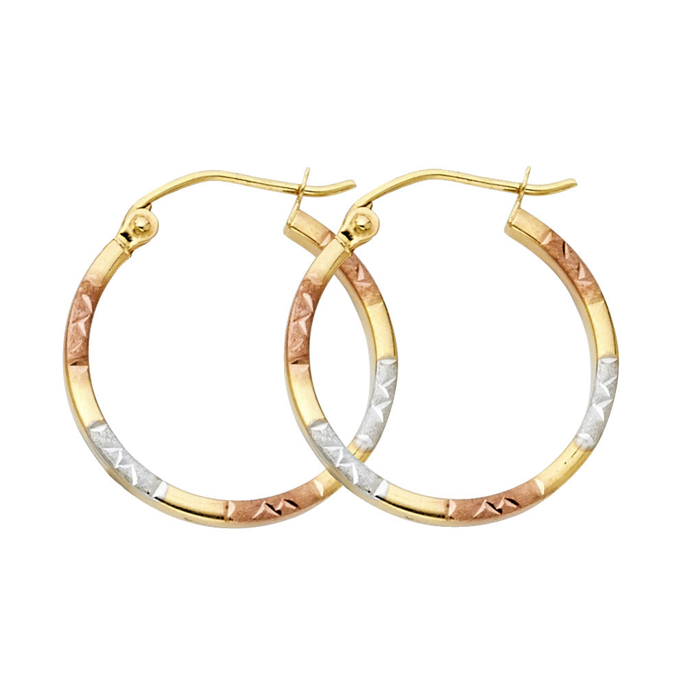 14k Tri-Color Gold Hoop Zig Zag Pattern Stripe Classic Earrings
