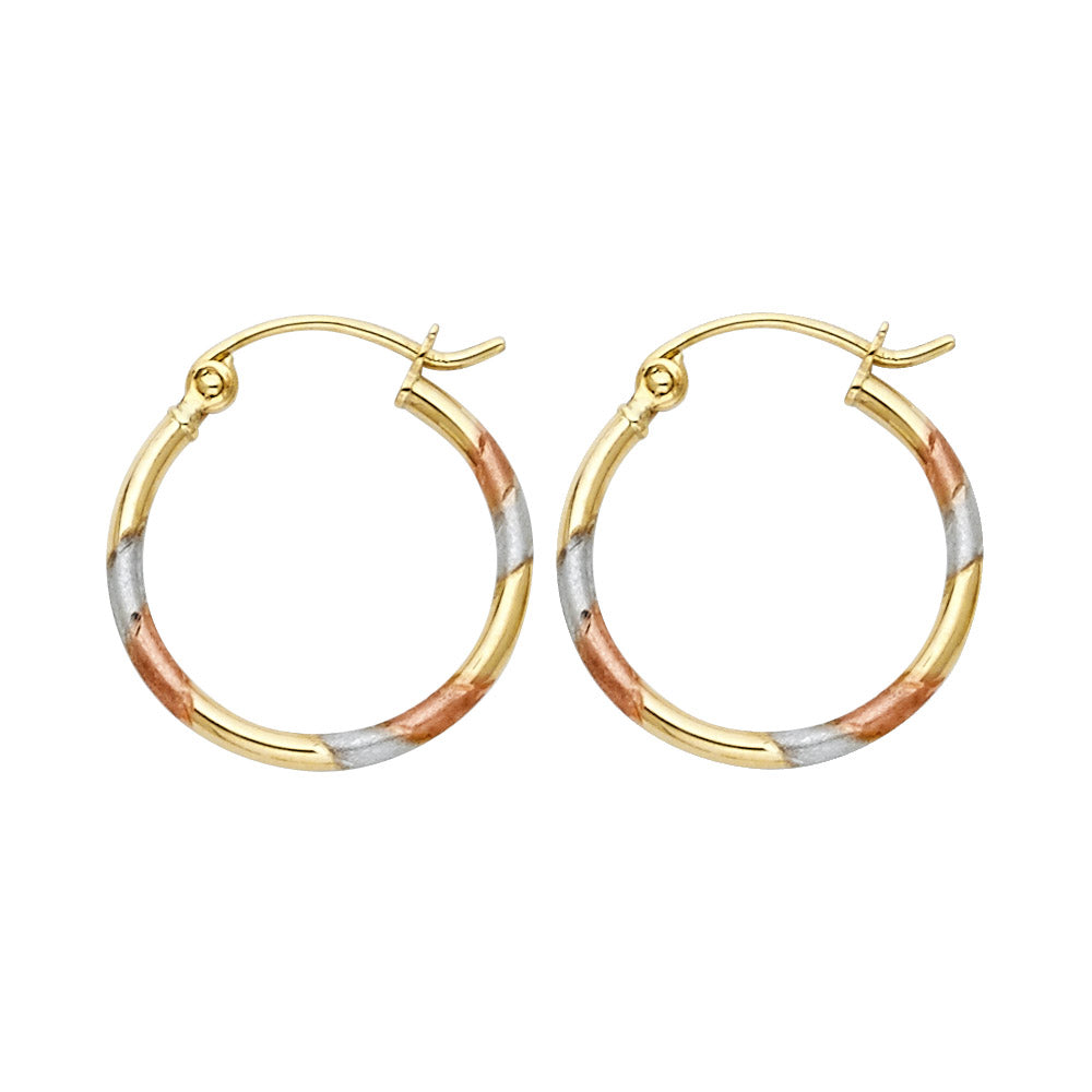 14k Tri-Color Gold Stripe Hoop High Polish Shiny Modern Spiral Earrings