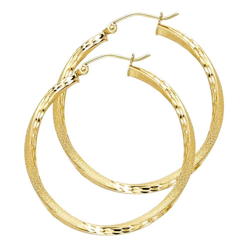 14k Yellow Gold Wide Hoop Simple Classic Twist Diamond-Cut Pattern Earrings