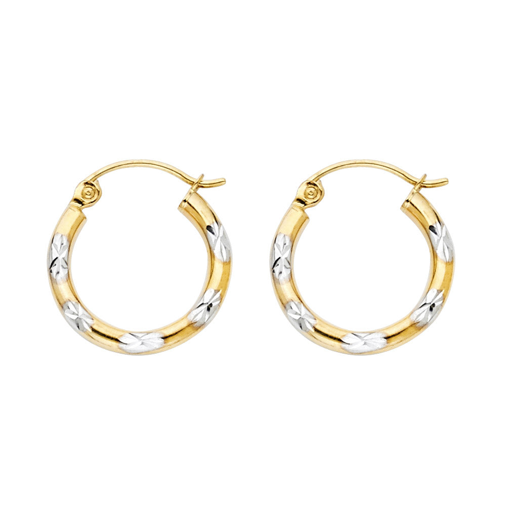 14k Two-Color Gold Modern Hoop Diamond-Cut Texture Stripe Star Earrings