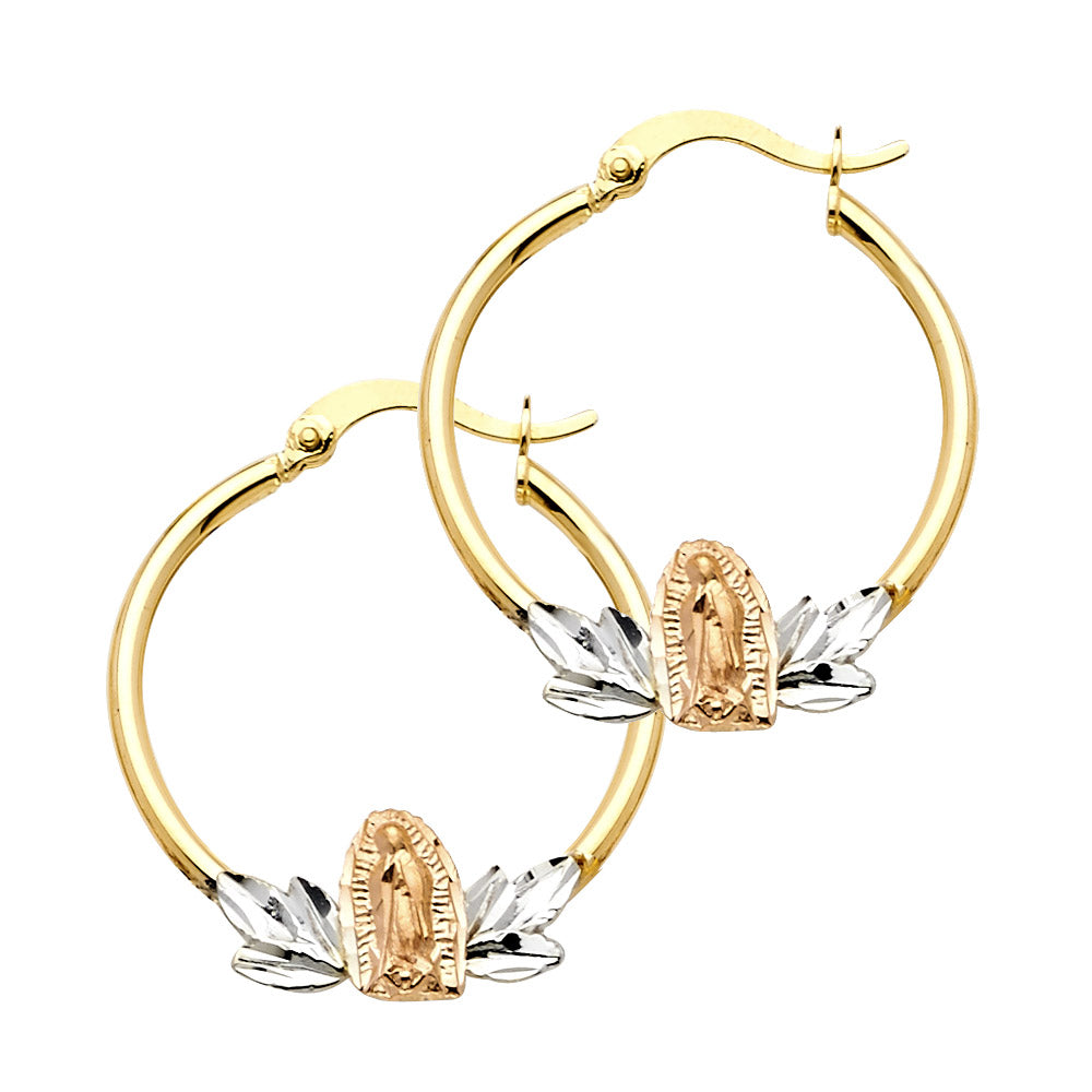 14k Tri-Color Gold Hoop Our Lady of Guadalupe High Polish Shiny Earrings