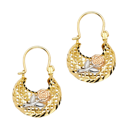 14k Tri-Color Gold Ornate Basket Weave Hoop Dangle Hanging Rose Purse Earrings
