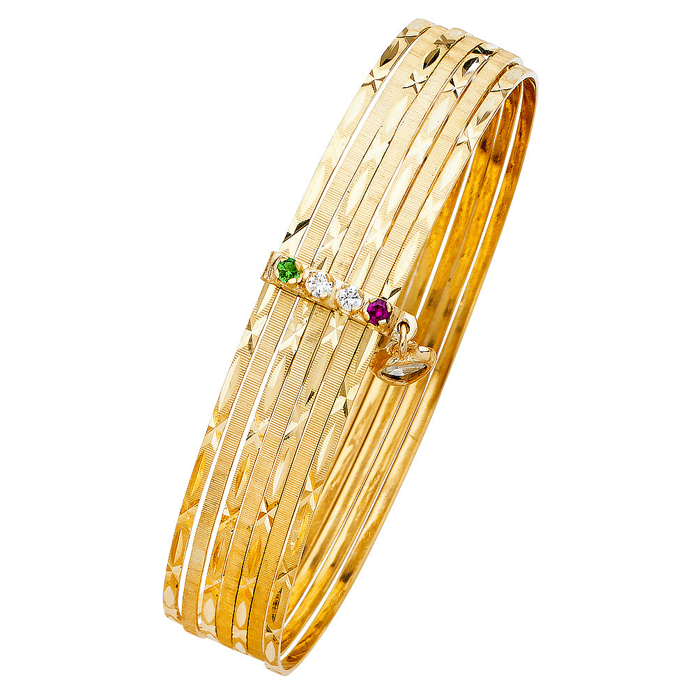 14k Yellow Gold 8" Fancy 7 Days Bangle Bracelet Emerald Clear Ruby CZ 13mm Wide
