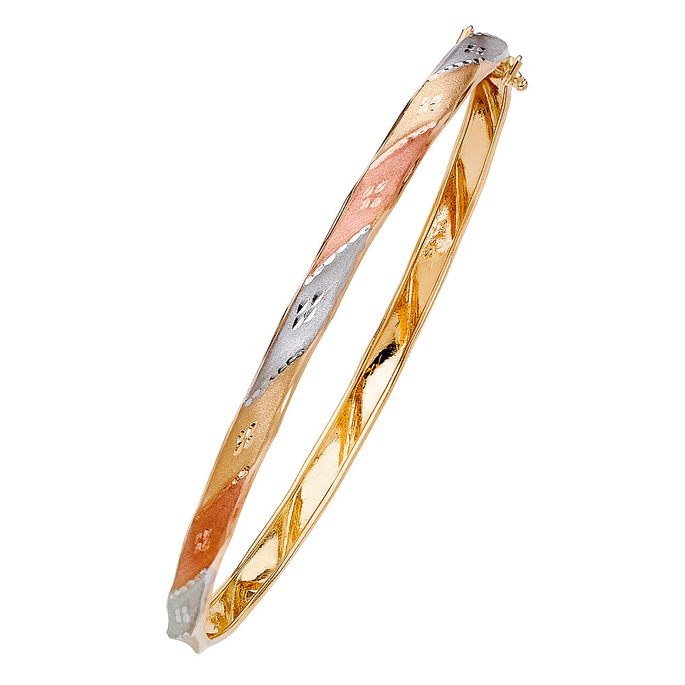 14k Yellow White Rose Tri Color Gold 7.5" Fancy Flexible Bangle Bracelet
