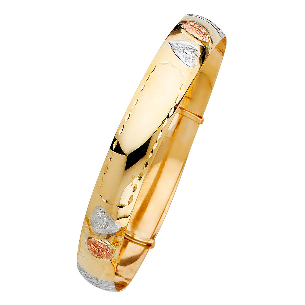 14k Yellow White Rose Tri Color Gold 8" Adjustable Bangle Bracelet 11mm Wide