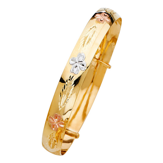 14k Yellow White Rose Tri Color Gold 8" Adjustable Bangle Bracelet 10mm Wide