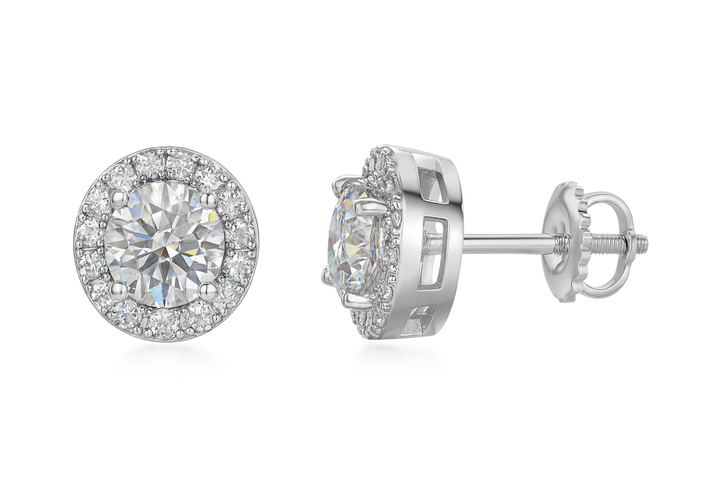 Sterling Silver VVS1 Moissanite Stud Solitaire Halo Screw Back 2 ct 925 Earrings