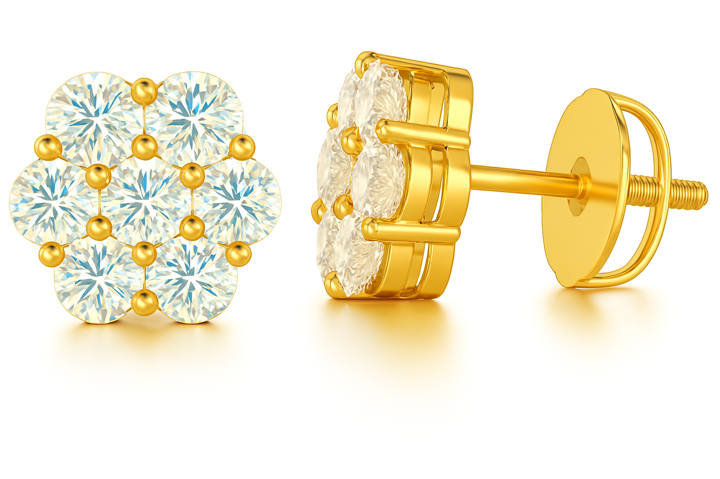 Gold Over Sterling Silver VVS1 Moissanite Stud Flower Screw Back 1 ct Earrings