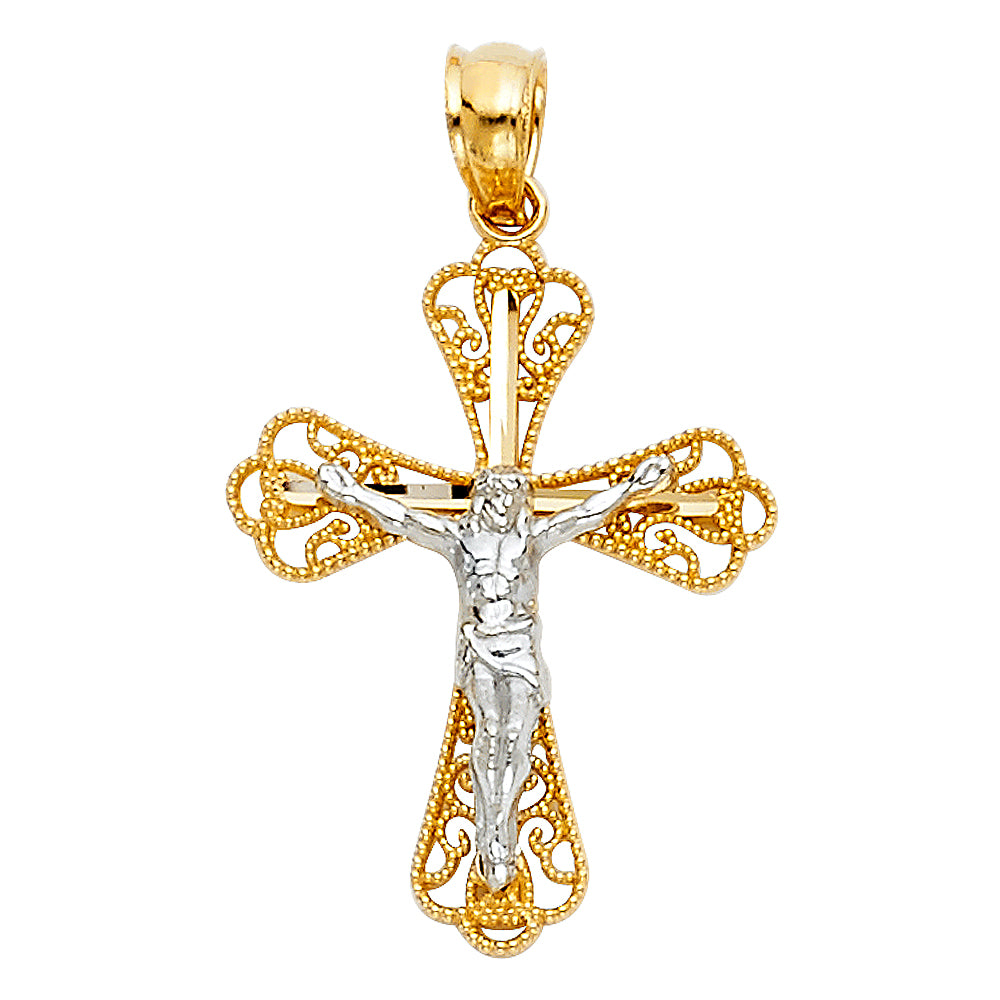 14k Two-Color Gold 3D Elegant Cross Crucifix Pendant Vintage Filigree Charm