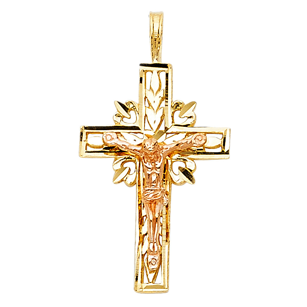 14k Two-Color Gold High Polished Cross Radiant 3D Crucifix Pendant Fashion Charm