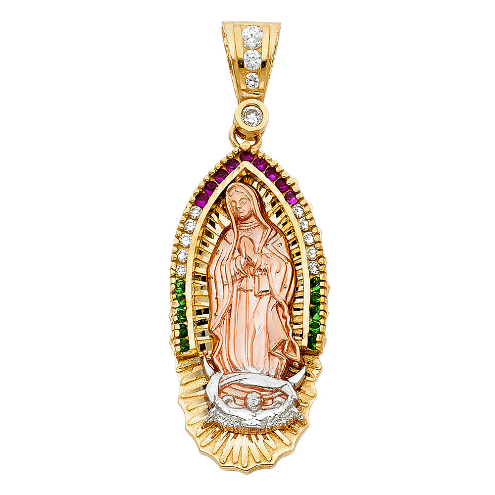 14k Tri-Color Gold Amazing Colorful Design Our Lady of Guadalupe Medal Pendant