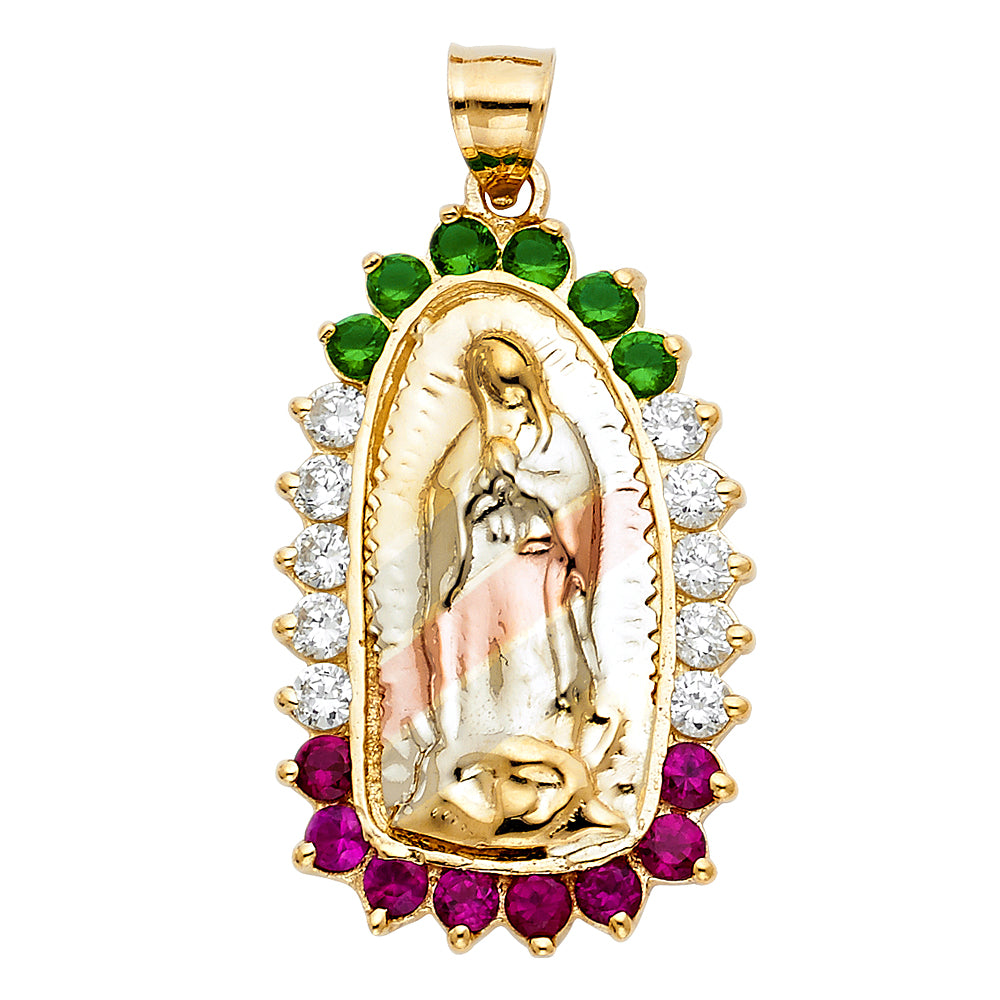 14k Tri-Color Gold Brillante Colorido Virgin de Guadalupe Pendant Ungido Charm