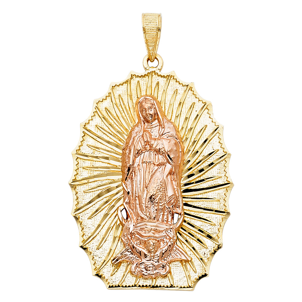 14k Two-Color Gold Bendita Virgin María Promesa Medalla Pendant Ungido Charm