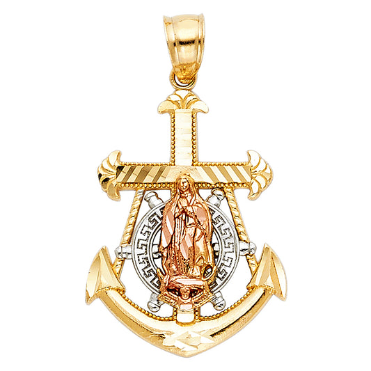 14k Tri-Color Gold Mariner's Anchor Cross Pendant Catholic Guadalupe Charm