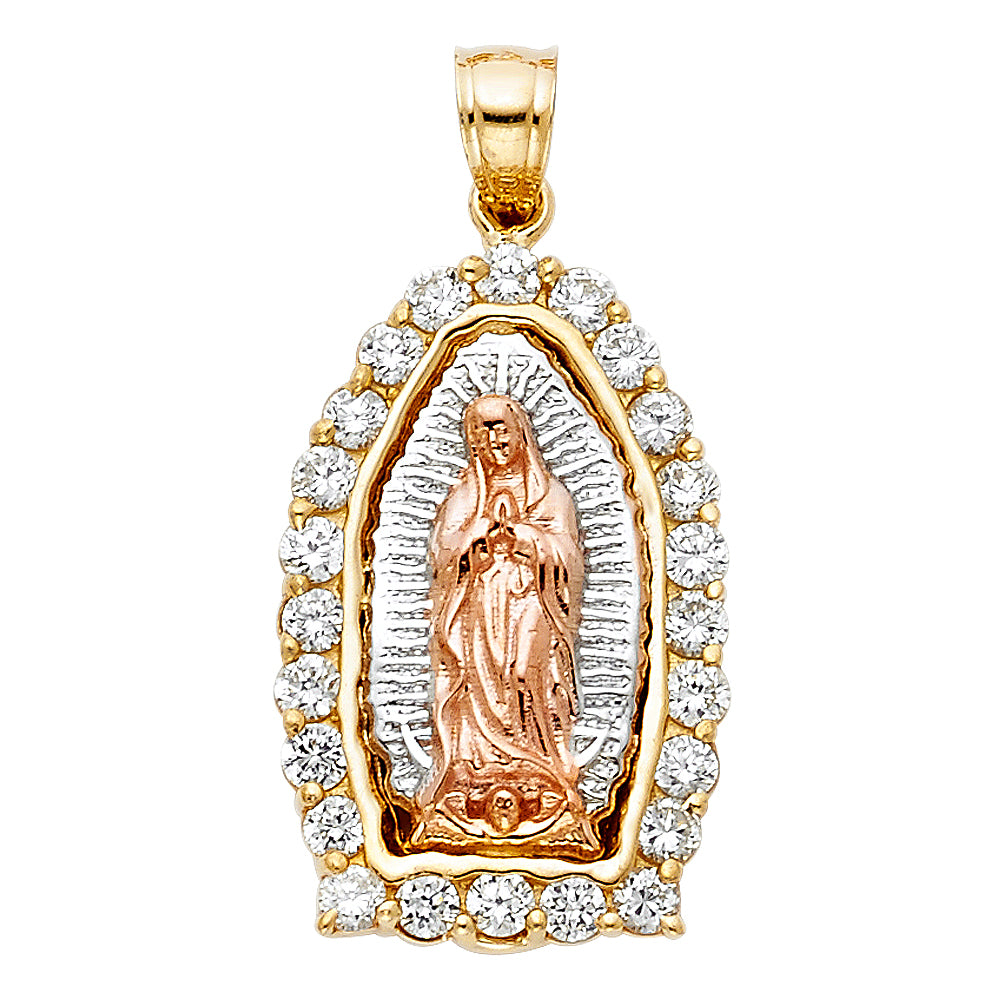 14k Tri-Color Gold Brillante Colorido Virgin de Guadalupe Pendant Ungido Charm