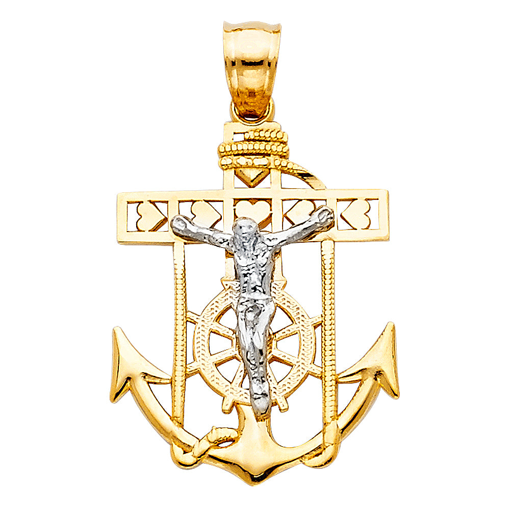 14k Two-Color Gold Crucifix Mariner's Anchor Pendant Cross Jesus Christ Charm